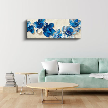 Mavi Çiçekler - Krem Fonda Yağlı Boya Efektli Kanvas Tablo