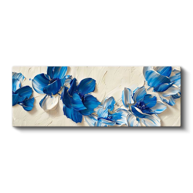 Mavi Çiçekler - Krem Fonda Yağlı Boya Efektli Kanvas Tablo
