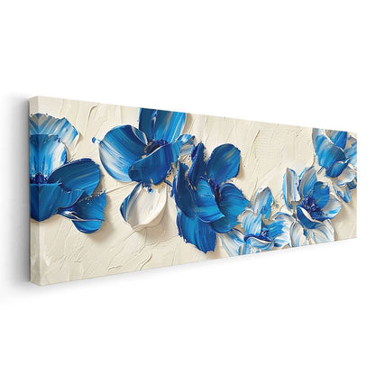 Mavi Çiçekler - Krem Fonda Yağlı Boya Efektli Kanvas Tablo
