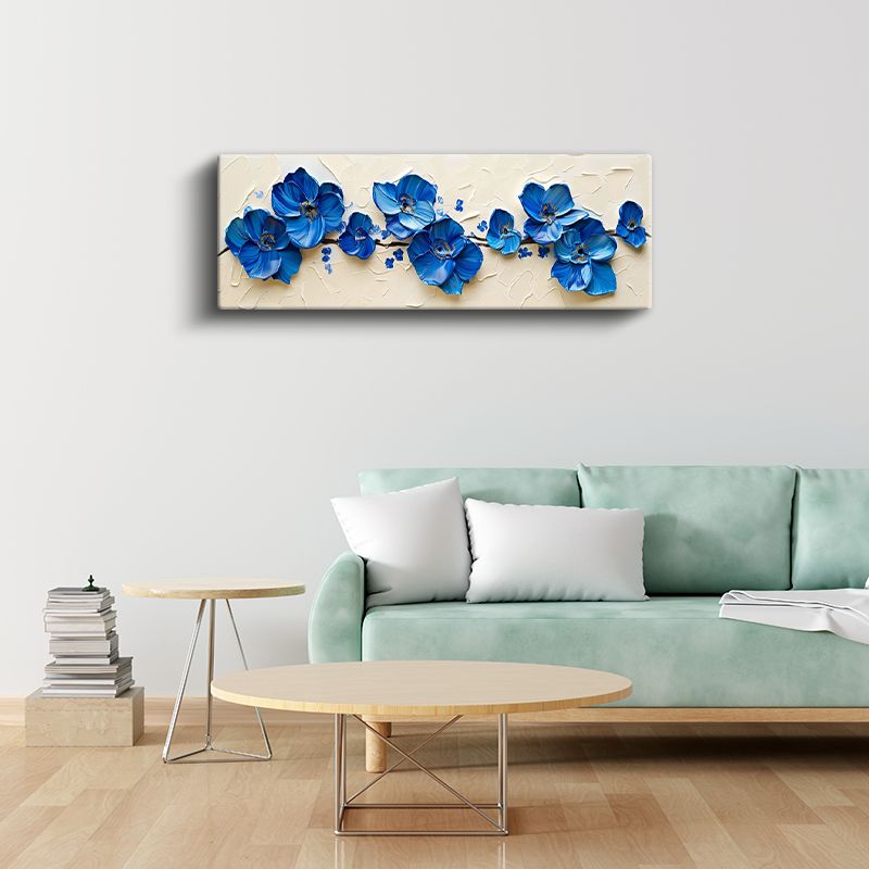 Mavi Anemonlar - Krem Fonda Kabartma Görünümlü Çiçek Serisi Kanvas Tablo