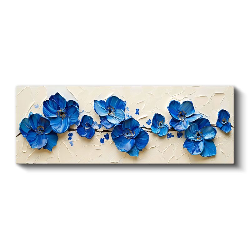 Mavi Anemonlar - Krem Fonda Kabartma Görünümlü Çiçek Serisi Kanvas Tablo