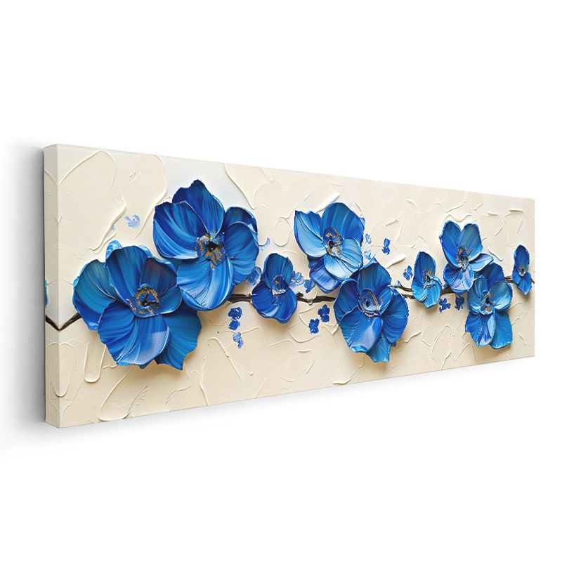 Mavi Anemonlar - Krem Fonda Kabartma Görünümlü Çiçek Serisi Kanvas Tablo