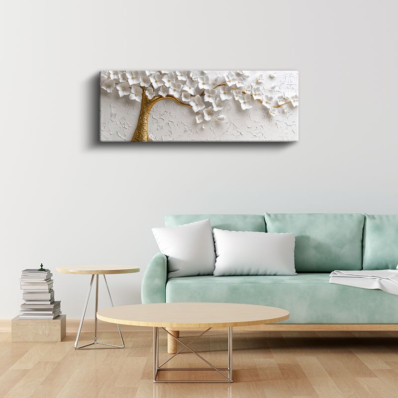 Beyaz Çiçek Ağacı - Altın Gövdeli Kabartma Görünümlü Tasarım Kanvas Tablo