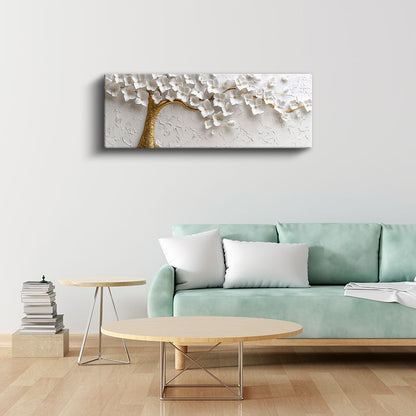 Beyaz Çiçek Ağacı - Altın Gövdeli Kabartma Görünümlü Tasarım Kanvas Tablo