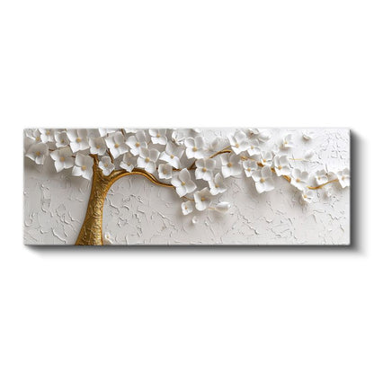 Beyaz Çiçek Ağacı - Altın Gövdeli Kabartma Görünümlü Tasarım Kanvas Tablo