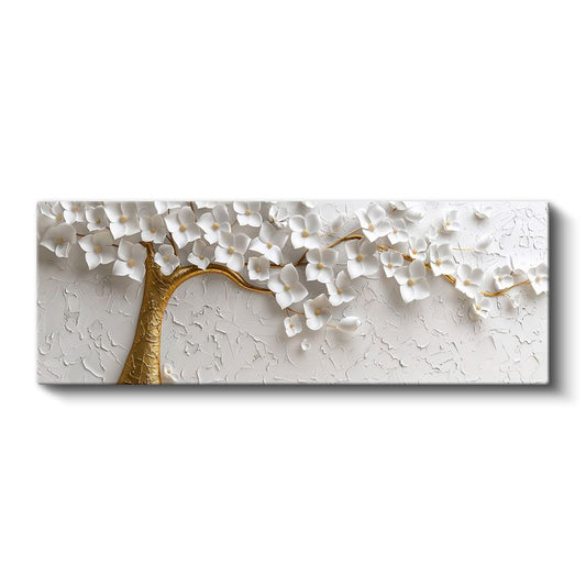 Beyaz Çiçek Ağacı - Altın Gövdeli Kabartma Görünümlü Tasarım Kanvas Tablo