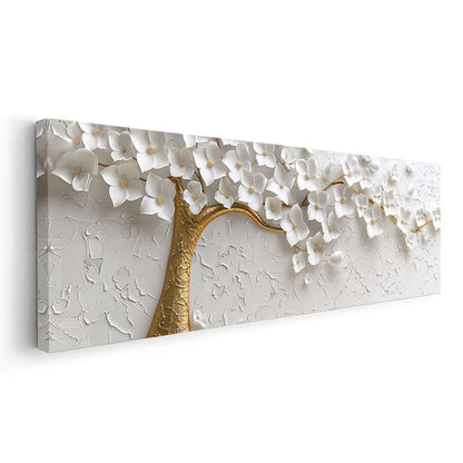 Beyaz Çiçek Ağacı - Altın Gövdeli Kabartma Görünümlü Tasarım Kanvas Tablo