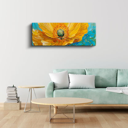 Sarı Gelincik - Turkuaz Fonda Yağlı Boya Efektli Kanvas Tablo