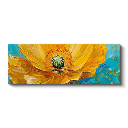 Sarı Gelincik - Turkuaz Fonda Yağlı Boya Efektli Kanvas Tablo