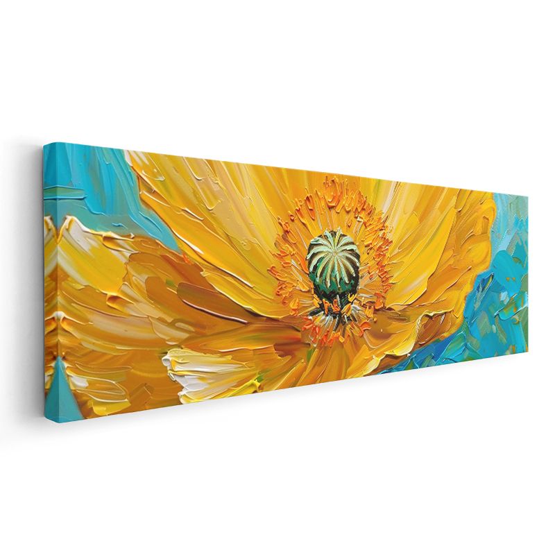 Sarı Gelincik - Turkuaz Fonda Yağlı Boya Efektli Kanvas Tablo