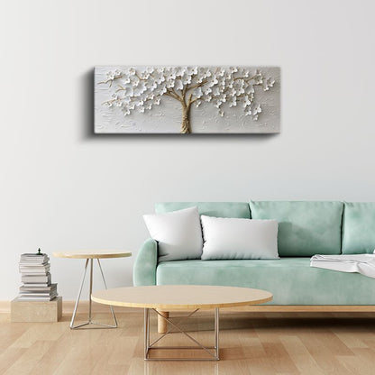 Beyaz Çiçek Ağacı - Dokulu Yüzeyde Altın Detaylı Kanvas Tablo