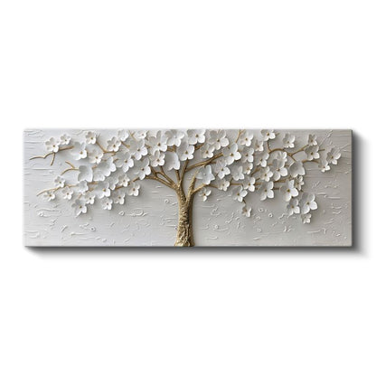 Beyaz Çiçek Ağacı - Dokulu Yüzeyde Altın Detaylı Kanvas Tablo