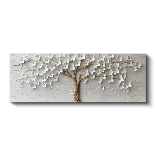 Beyaz Çiçek Ağacı - Dokulu Yüzeyde Altın Detaylı Kanvas Tablo