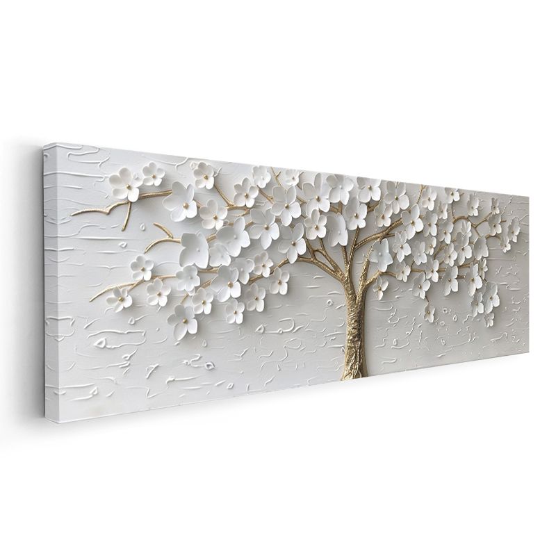 Beyaz Çiçek Ağacı - Dokulu Yüzeyde Altın Detaylı Kanvas Tablo