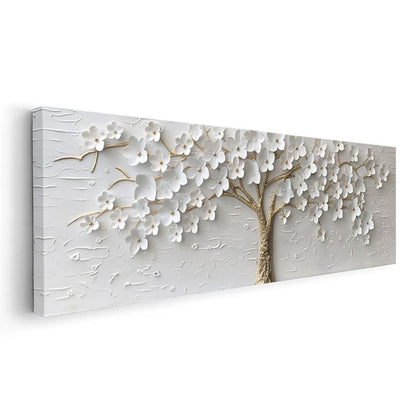 Beyaz Çiçek Ağacı - Dokulu Yüzeyde Altın Detaylı Kanvas Tablo