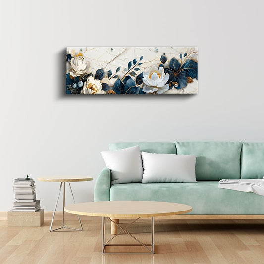 Beyaz Şakayıklar - Mavi Yapraklı Mermer Efektli Kanvas Tablo