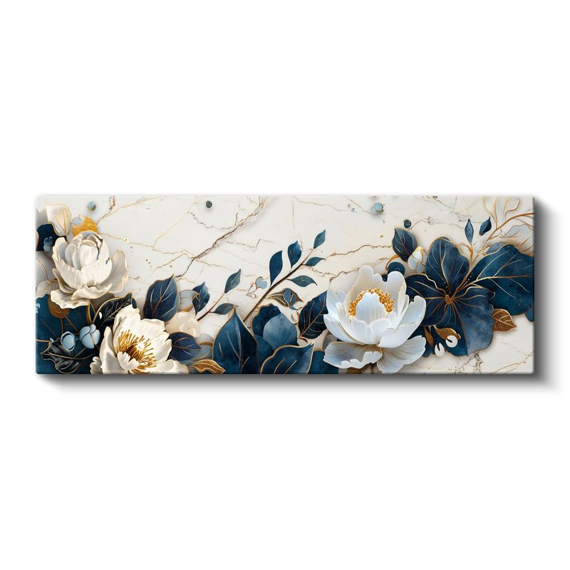 Beyaz Şakayıklar - Mavi Yapraklı Mermer Efektli Kanvas Tablo