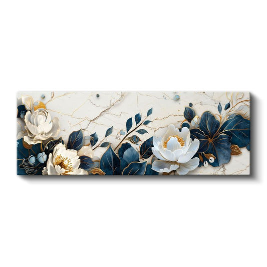 Beyaz Şakayıklar - Mavi Yapraklı Mermer Efektli Kanvas Tablo