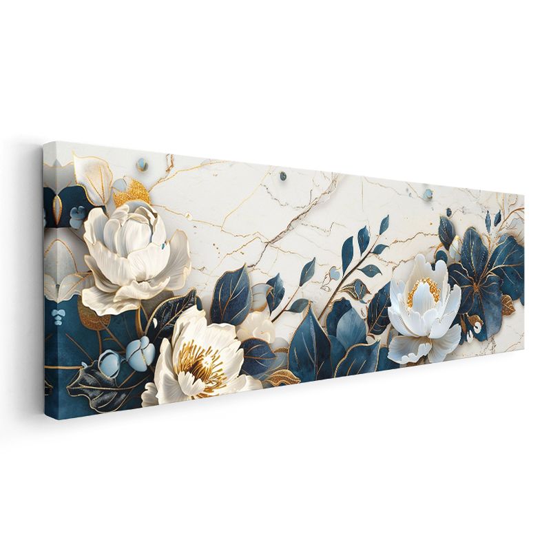 Beyaz Şakayıklar - Mavi Yapraklı Mermer Efektli Kanvas Tablo