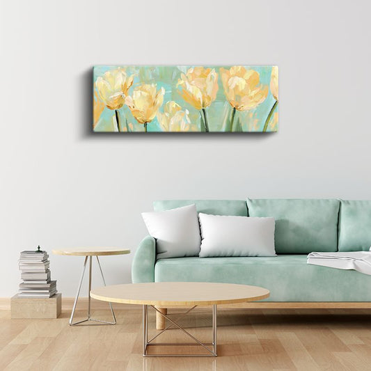 Sarı Laleler - Turkuaz Fonda Panoramik Çiçek Serisi Kanvas Tablo