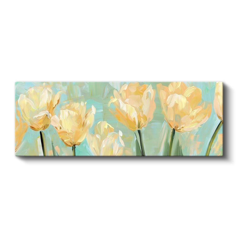 Sarı Laleler - Turkuaz Fonda Panoramik Çiçek Serisi Kanvas Tablo