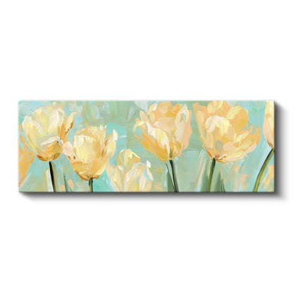 Sarı Laleler - Turkuaz Fonda Panoramik Çiçek Serisi Kanvas Tablo