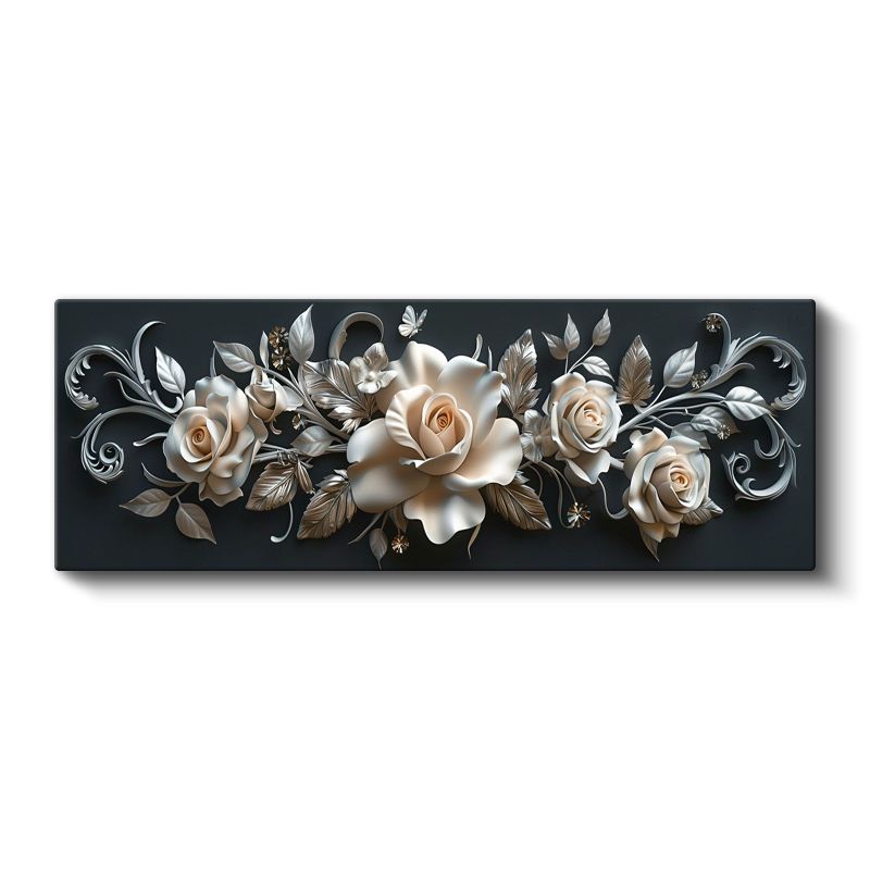 Zarif Güller - 3D Kabartma Efektli Krem Rengi Çiçek Kompozisyonu Kanvas Tablo