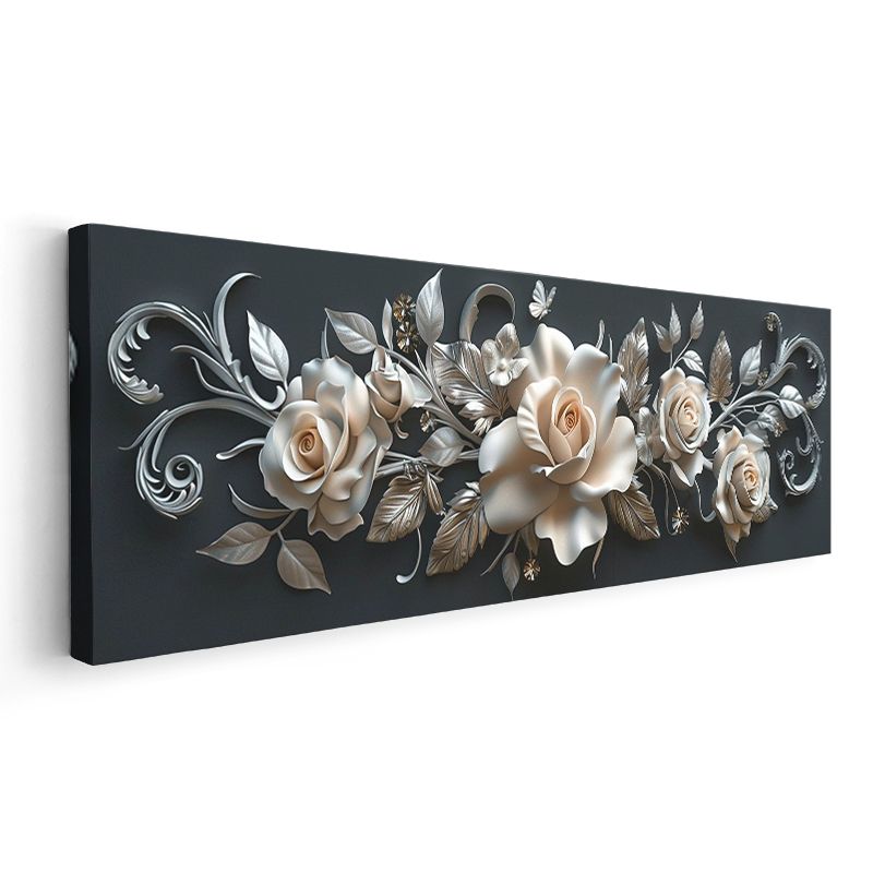 Zarif Güller - 3D Kabartma Efektli Krem Rengi Çiçek Kompozisyonu Kanvas Tablo