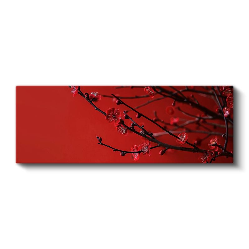 Kiraz Çiçekleri - Kırmızı Zeminde Minimalist Bahar Dalları Kanvas Tablo