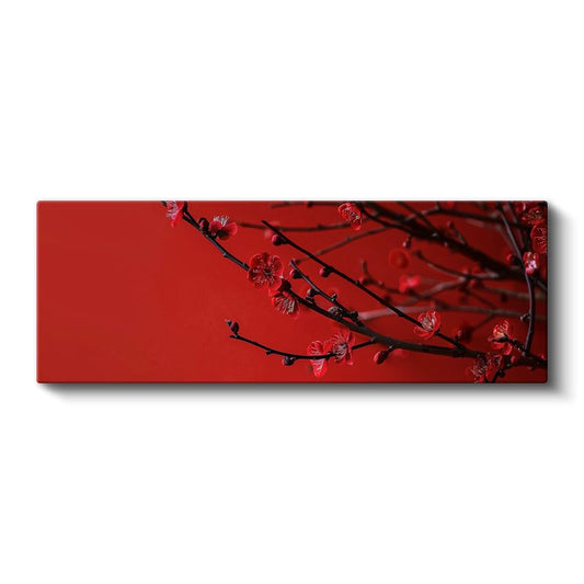 Kiraz Çiçekleri - Kırmızı Zeminde Minimalist Bahar Dalları Kanvas Tablo