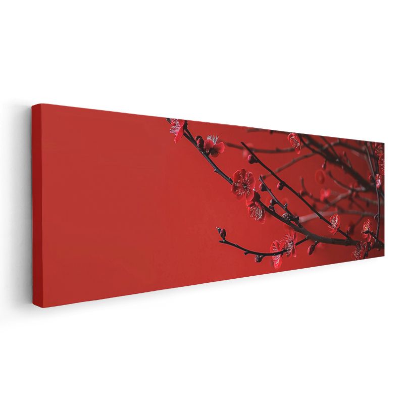 Kiraz Çiçekleri - Kırmızı Zeminde Minimalist Bahar Dalları Kanvas Tablo