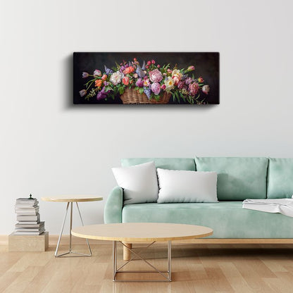Çiçek Buketi - Hasır Sepette Renkli Mevsim Çiçekleri Koleksiyonu Kanvas Tablo