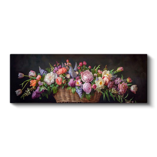 Çiçek Buketi - Hasır Sepette Renkli Mevsim Çiçekleri Koleksiyonu Kanvas Tablo