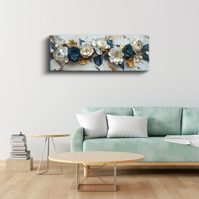 Şakayık Çiçekleri - Mavi Yapraklı Altın Detaylı Zarif Kompozisyon Kanvas Tablo