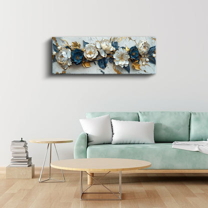 Şakayık Çiçekleri - Mavi Yapraklı Altın Detaylı Zarif Kompozisyon Kanvas Tablo