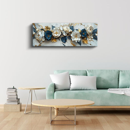 Şakayık Çiçekleri - Mavi Yapraklı Altın Detaylı Zarif Kompozisyon Kanvas Tablo