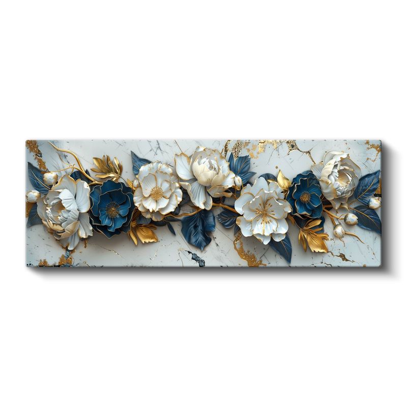 Şakayık Çiçekleri - Mavi Yapraklı Altın Detaylı Zarif Kompozisyon Kanvas Tablo