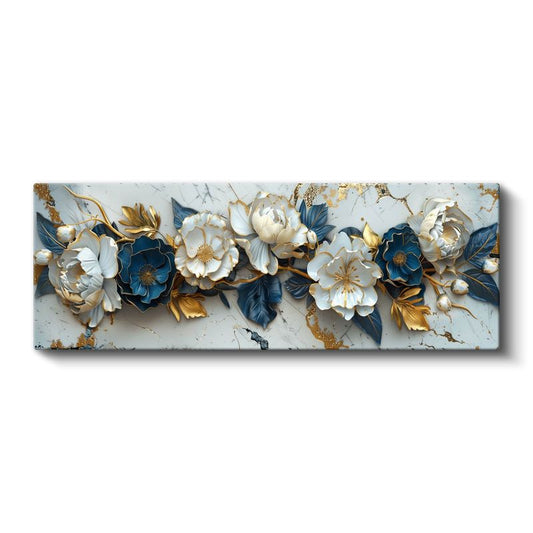 Şakayık Çiçekleri - Mavi Yapraklı Altın Detaylı Zarif Kompozisyon Kanvas Tablo