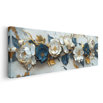 Şakayık Çiçekleri - Mavi Yapraklı Altın Detaylı Zarif Kompozisyon Kanvas Tablo