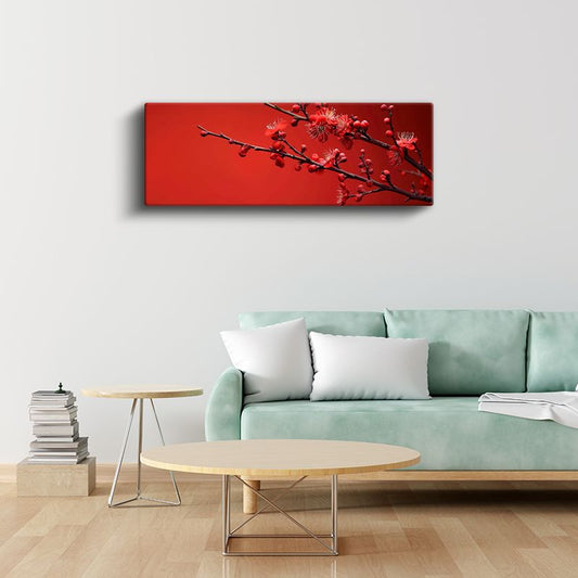 Kiraz Çiçeği Dalı - Canlı Kırmızı Zeminde Bahar Tomurcukları Kanvas Tablo