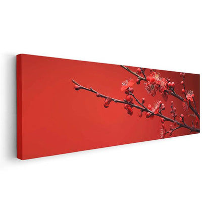 Kiraz Çiçeği Dalı - Canlı Kırmızı Zeminde Bahar Tomurcukları Kanvas Tablo