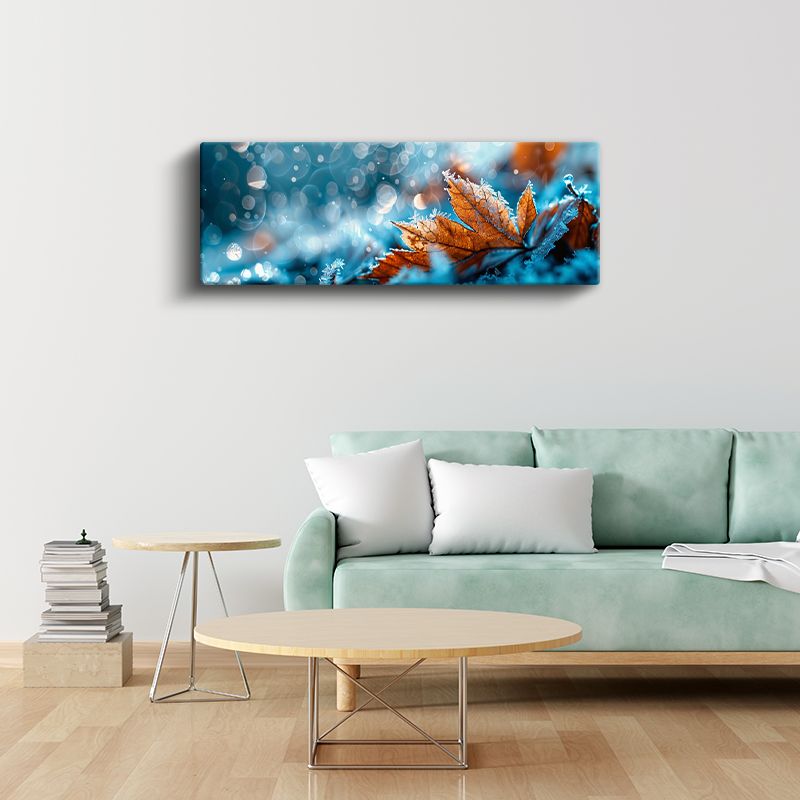Sonbahar Yaprağı - Mavi Tonlarda Kristal Buz Efektli Doğa Detayı Kanvas Tablo