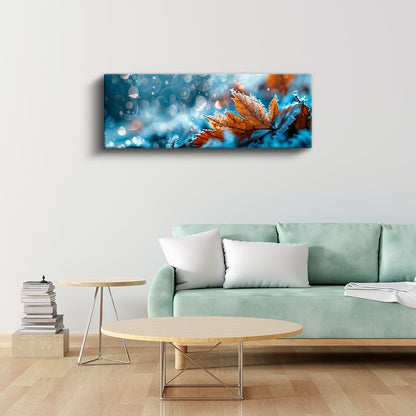 Sonbahar Yaprağı - Mavi Tonlarda Kristal Buz Efektli Doğa Detayı Kanvas Tablo