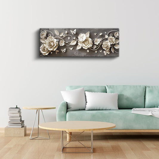 Beyaz Güller - Gri Zeminde Kelebek Detaylı Zarif Tasarım Kanvas Tablo