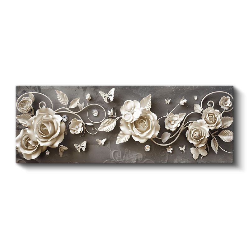 Beyaz Güller - Gri Zeminde Kelebek Detaylı Zarif Tasarım Kanvas Tablo