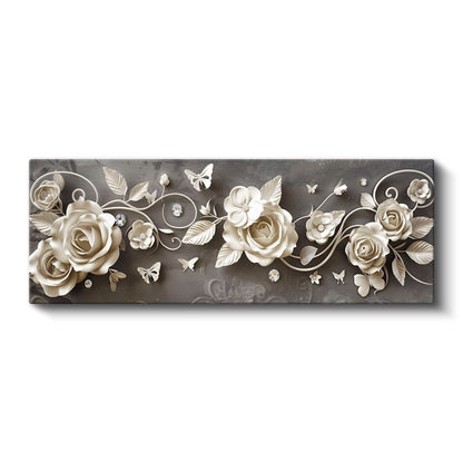 Beyaz Güller - Gri Zeminde Kelebek Detaylı Zarif Tasarım Kanvas Tablo