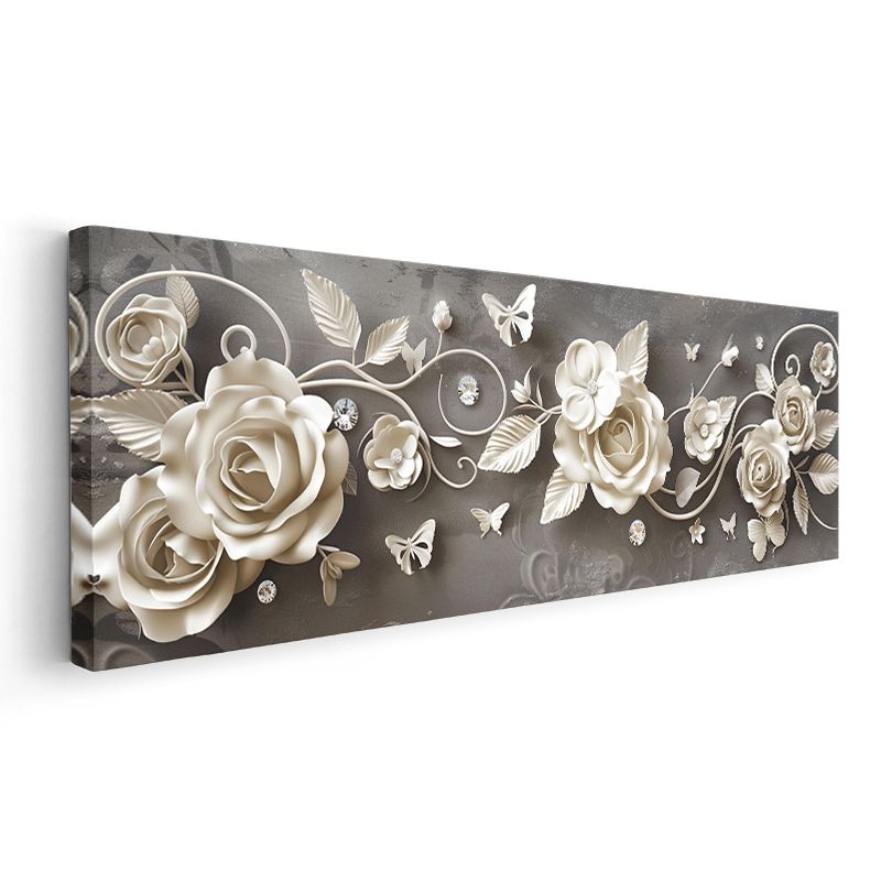 Beyaz Güller - Gri Zeminde Kelebek Detaylı Zarif Tasarım Kanvas Tablo