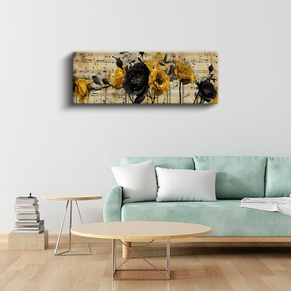 Müzikli Çiçekler - Nota Kağıdı Üzerinde Sarı Siyah Kontrast Kompozisyon Kanvas Tablo