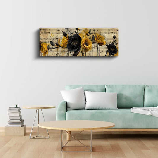 Müzikli Çiçekler - Nota Kağıdı Üzerinde Sarı Siyah Kontrast Kompozisyon Kanvas Tablo