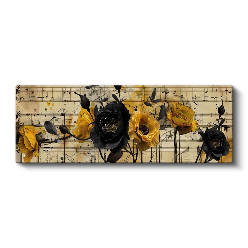 Müzikli Çiçekler - Nota Kağıdı Üzerinde Sarı Siyah Kontrast Kompozisyon Kanvas Tablo
